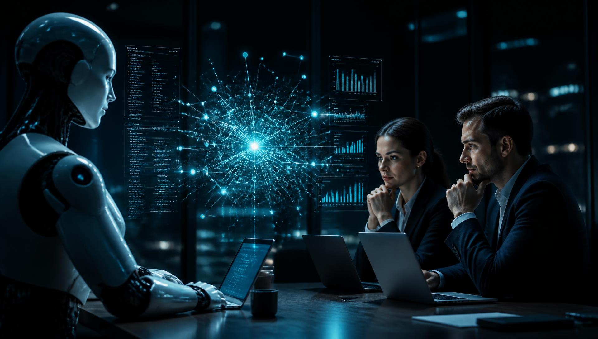 Robot de inteligencia artificial colaborando con profesionales de negocios